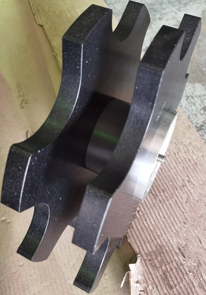 Black engineering plastic star wheel with deep machined pockets