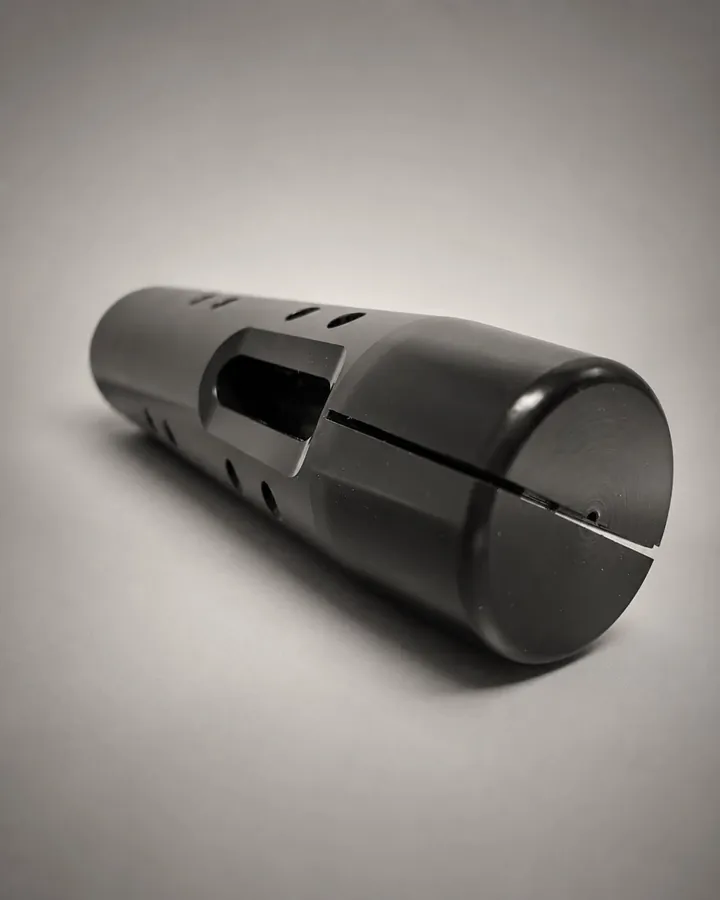 Black turned cylinder with a milled window, cross holes and a split slot