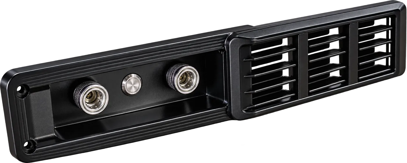 Black machined vent panel with louvres and stainless connectors