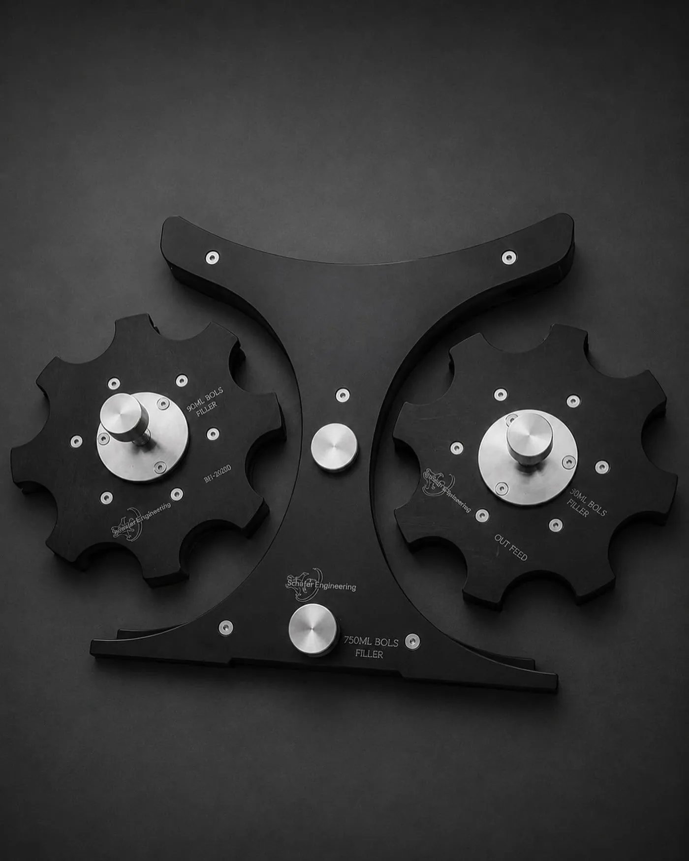 Change part set with two black star wheels, metal hubs and a centre guide, engraved for a 750 ml filler