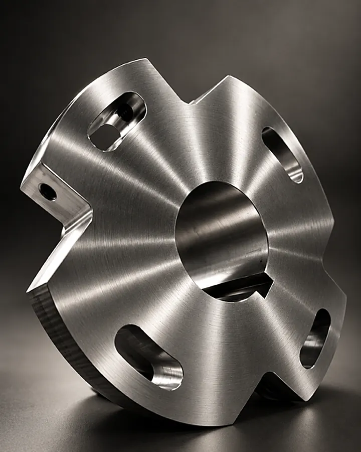 Four lobed stainless steel hub seen at an angle
