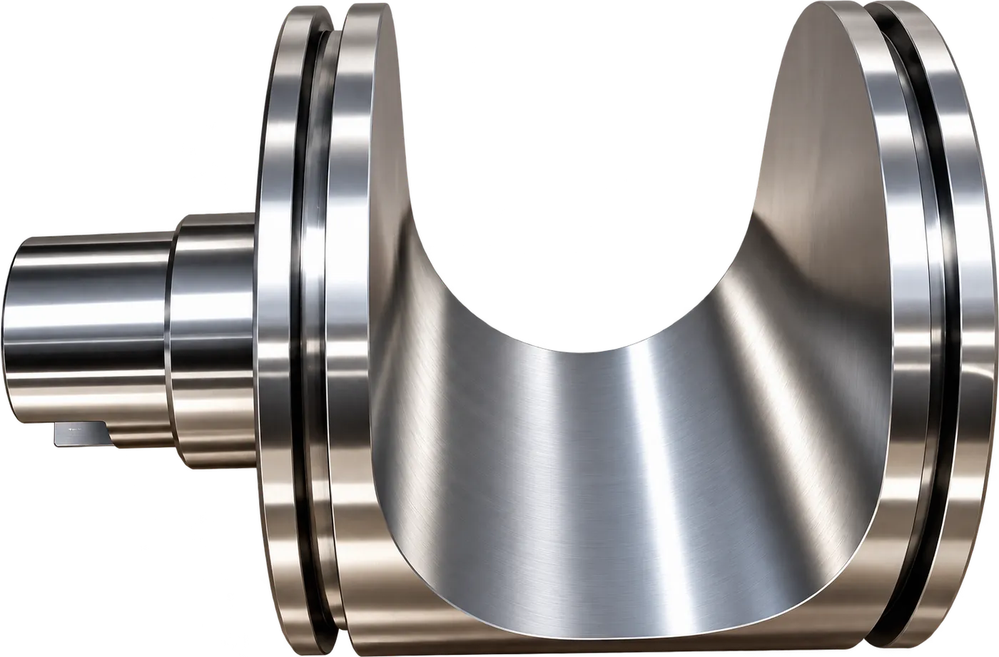 Stainless part with a turned flanged spigot and a machined U shaped cradle
