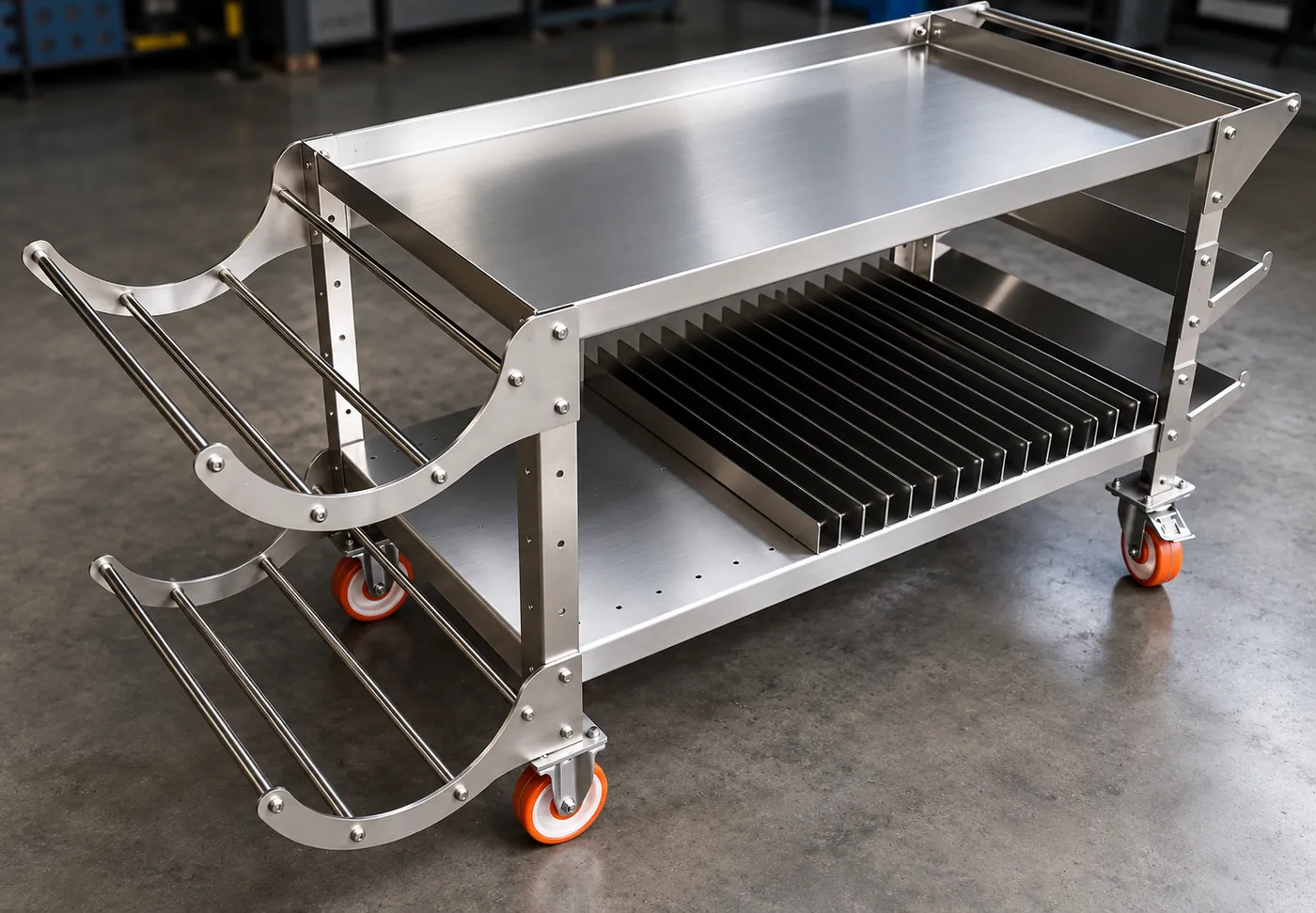 Stainless steel trolley with profiled side frames, shelves and castors