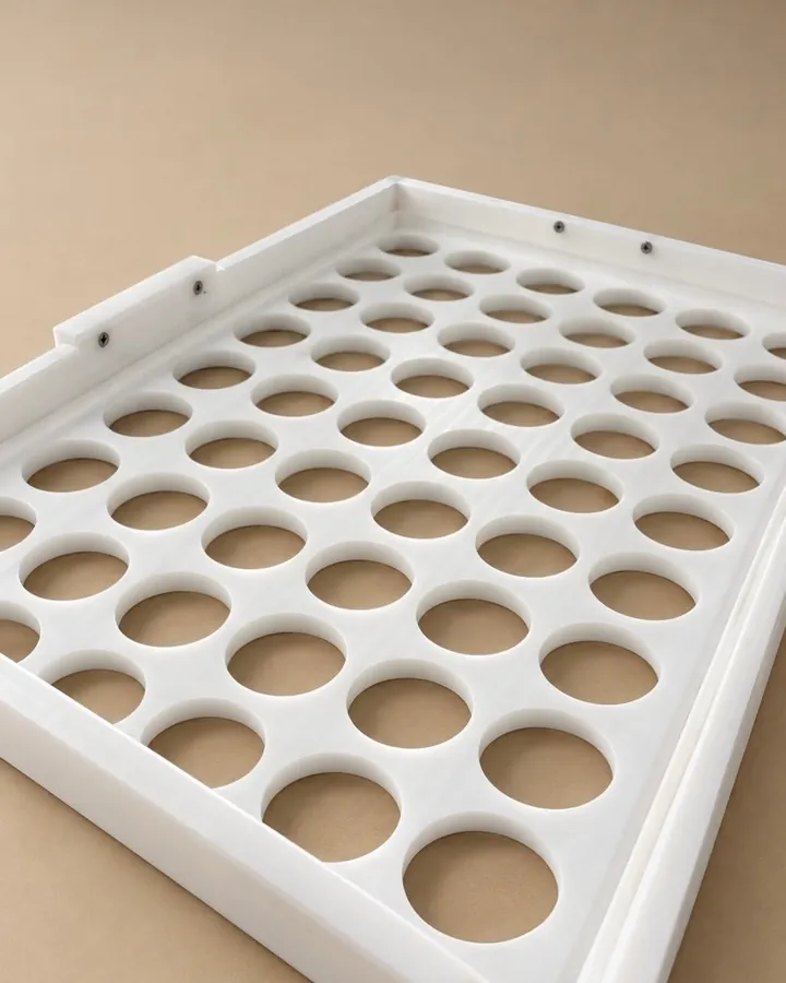 White plastic tray routed with rows of round pockets